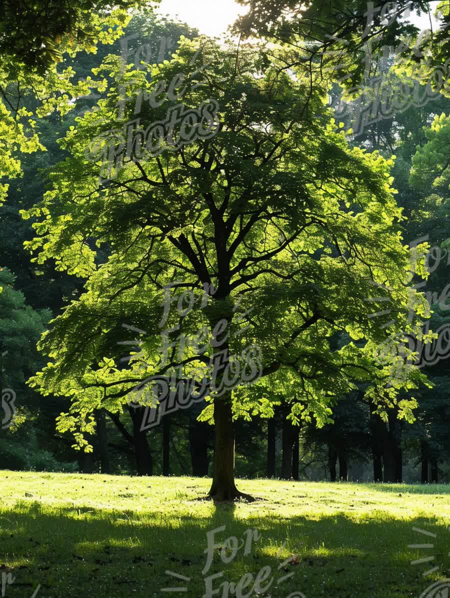 Vibrant Green Tree in Sunlit Forest: Nature's Serenity and Tranquility