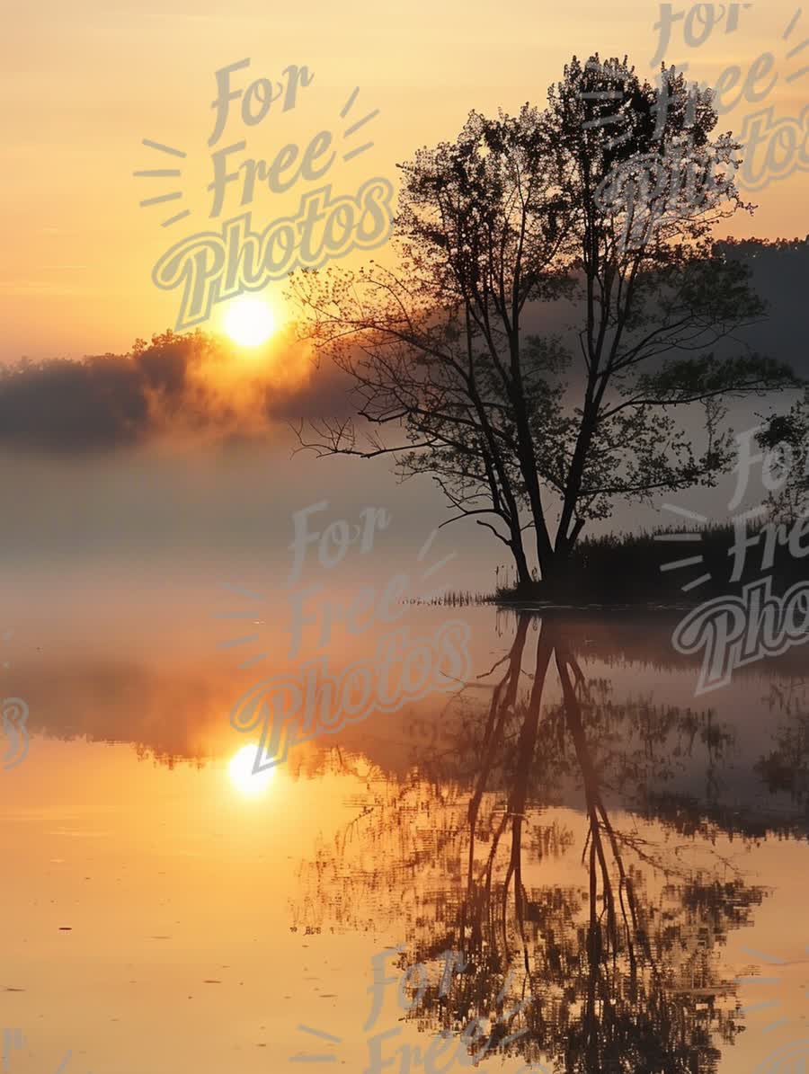 Tranquil Sunrise Over Misty Lake with Reflections and Silhouetted Tree