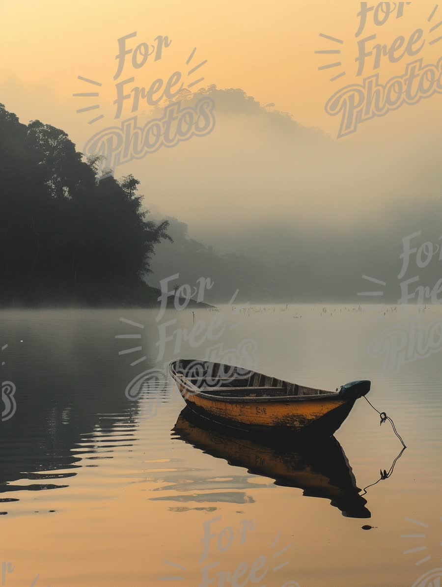 Serene Misty Lake at Dawn with Isolated Yellow Boat Reflection