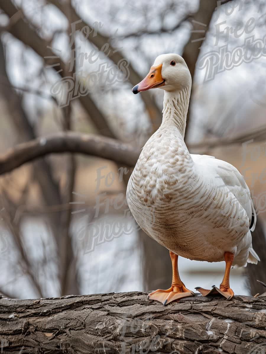 Majestic White Duck Standing on a Tree Branch by the Water