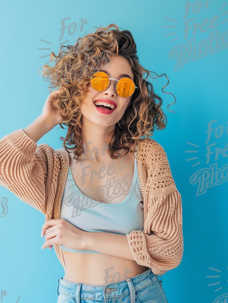 Trendy Young Woman with Curly Hair and Sunglasses Against a Bright Blue Background