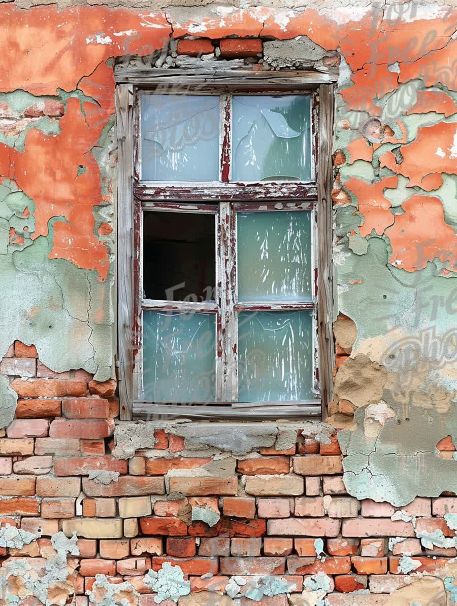 Vintage Window with Peeling Paint and Crumbling Brick Wall