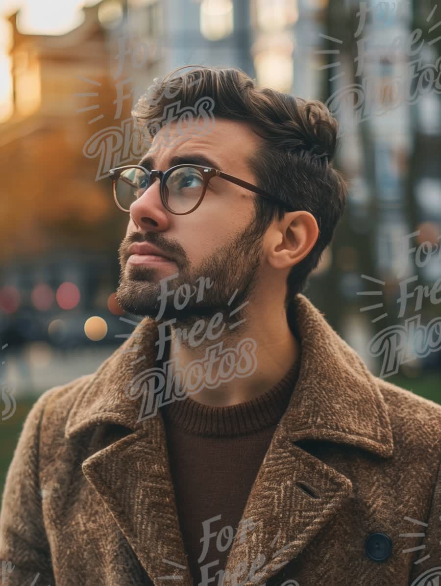 Contemplative Young Man in Stylish Autumn Fashion Looking Upward