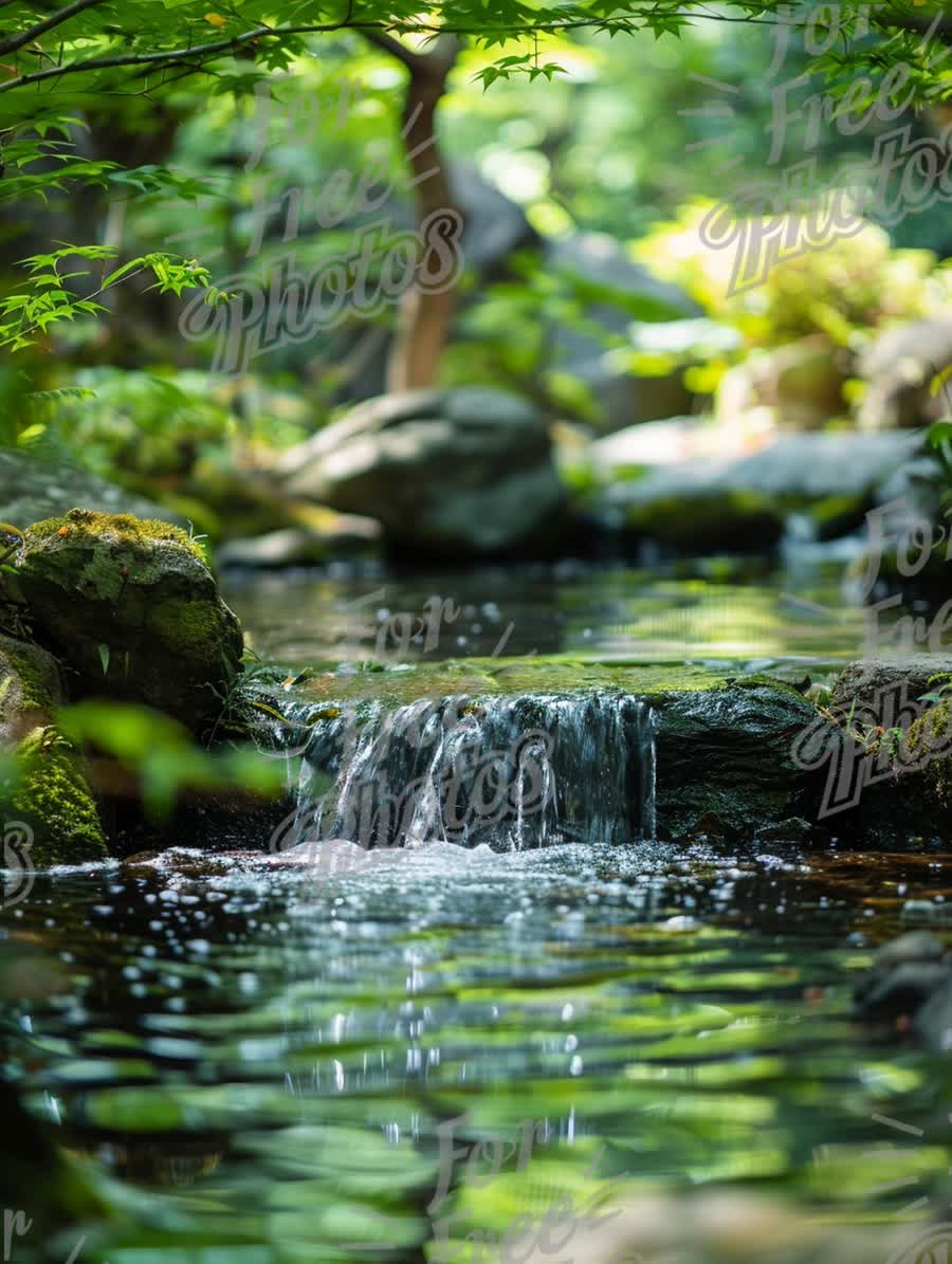 Tranquil Garden Stream with Gentle Waterfall and Lush Greenery