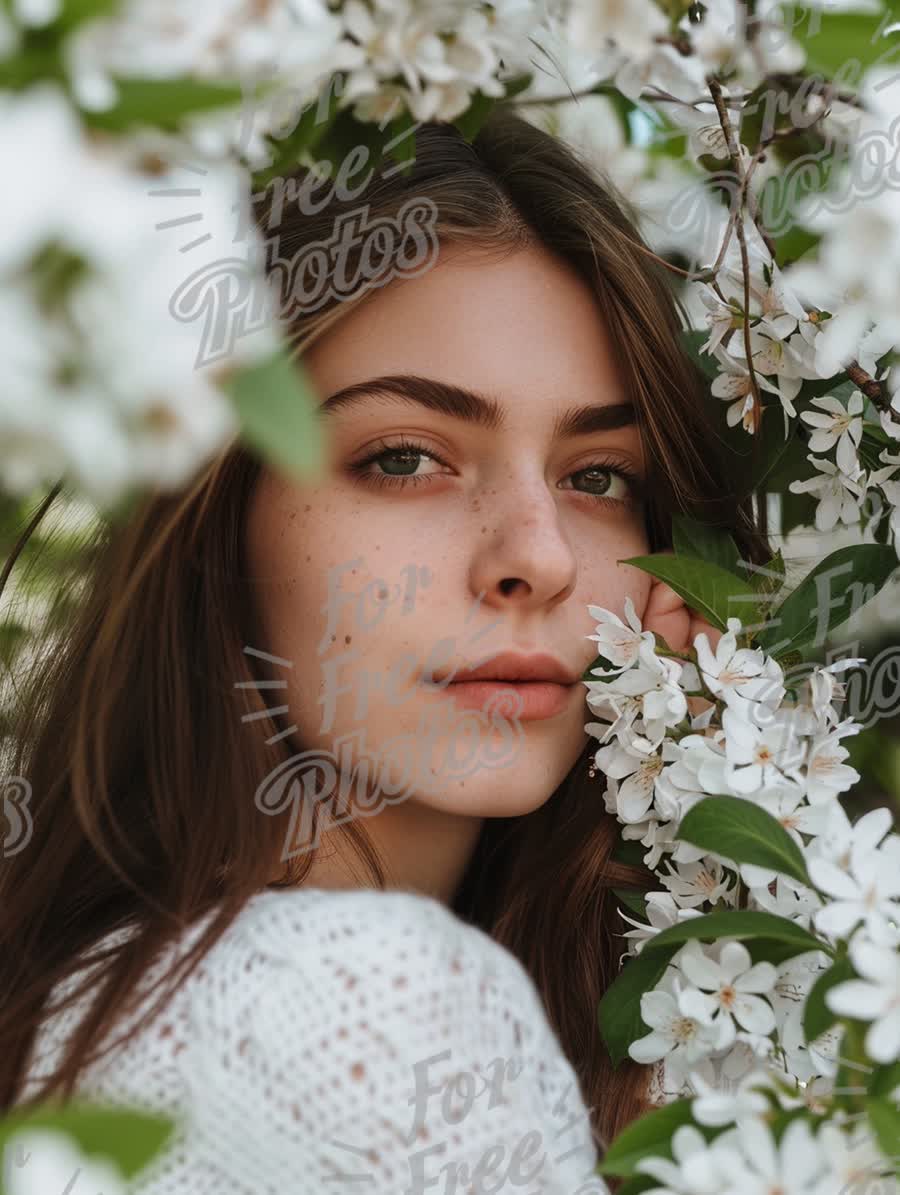 Serene Beauty: Portrait of a Young Woman Surrounded by Blossoming Flowers