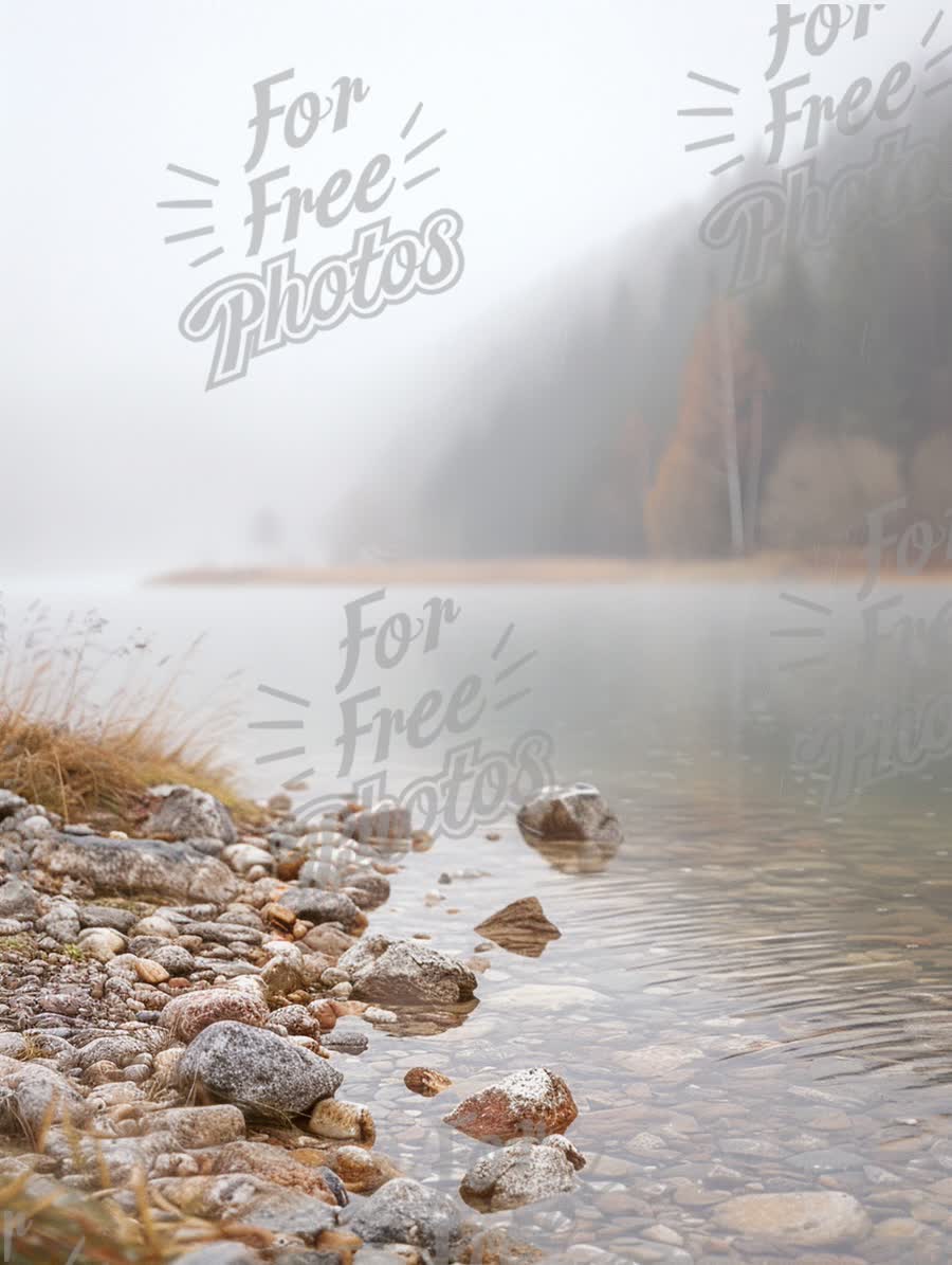 Serene Misty Lake Landscape with Rocky Shoreline and Autumn Foliage