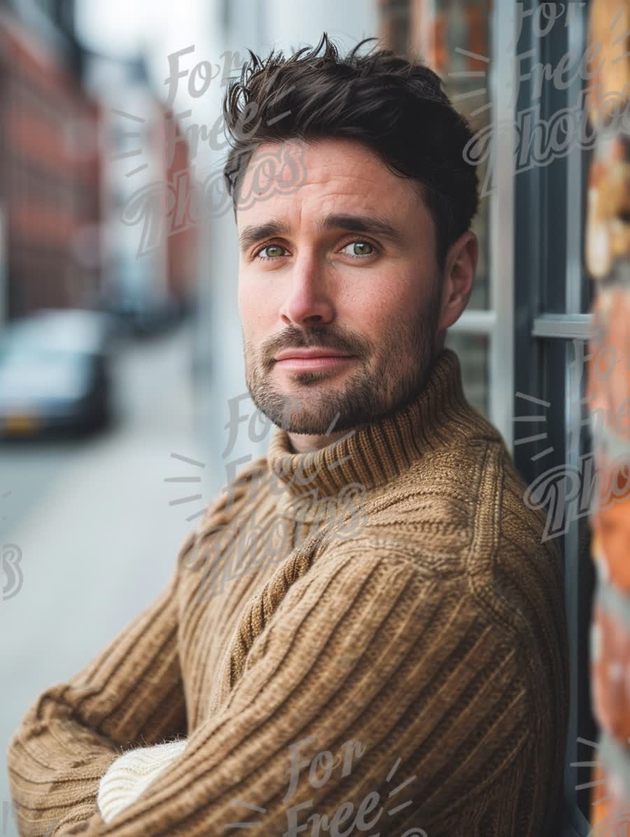 Stylish Young Man in Cozy Sweater Against Urban Backdrop