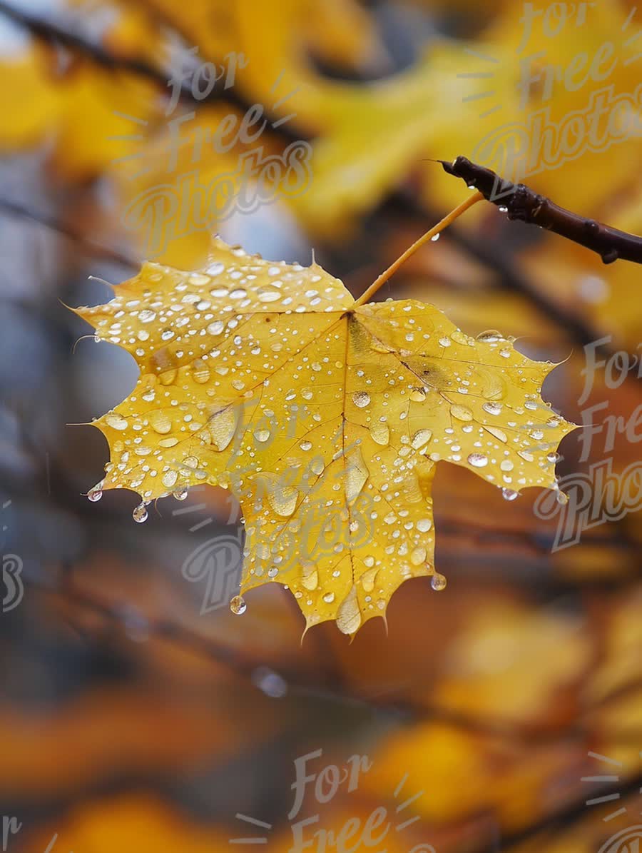 Close-Up of Dewy Yellow Maple Leaf in Autumn Rain