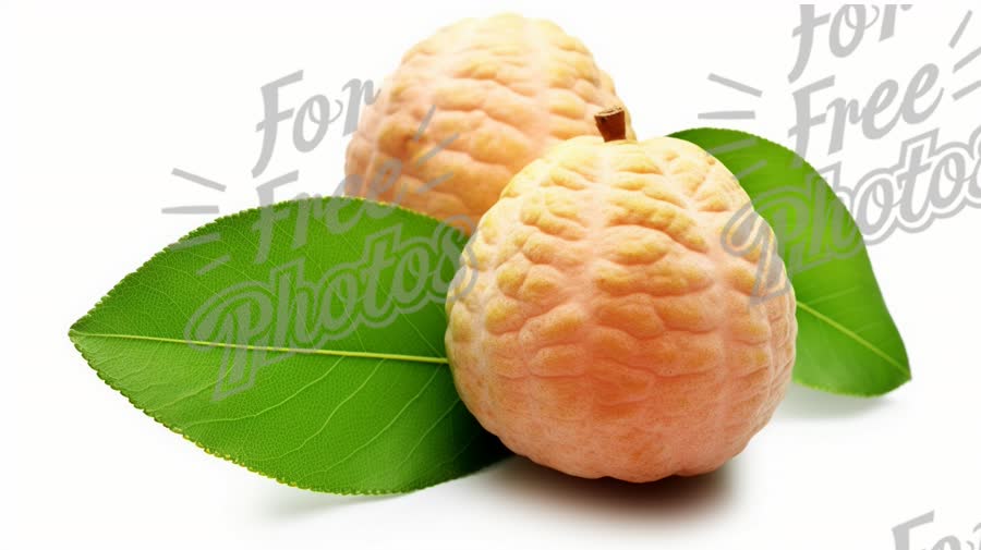 Fresh Lychee Fruit with Green Leaves on White Background