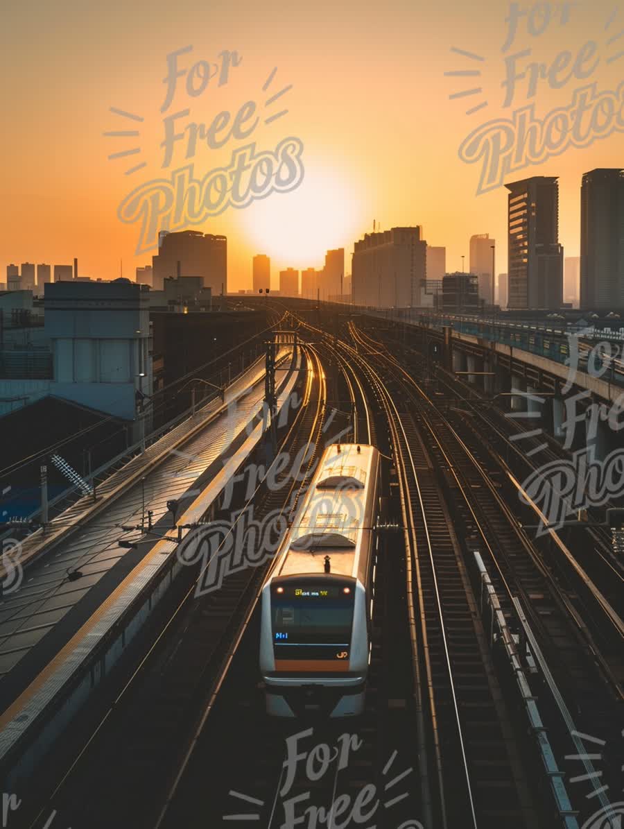 Urban Sunset: Modern Train on Tracks with City Skyline