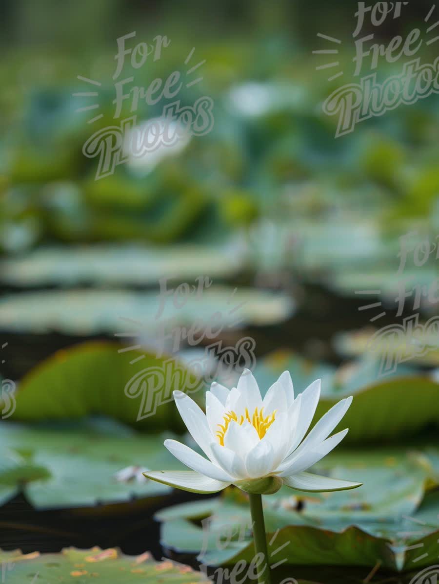 Serene White Water Lily Bloom on Tranquil Pond with Lush Green Leaves