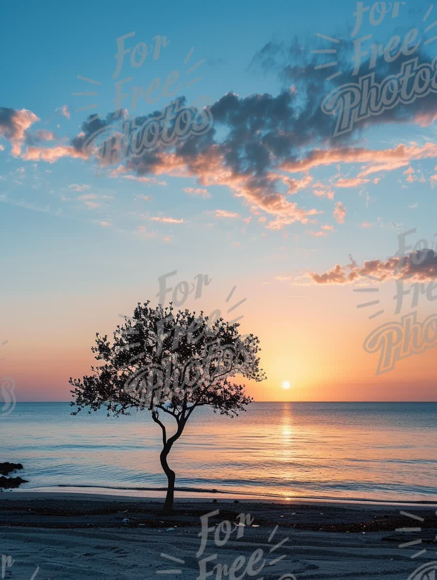 Serene Sunset Over Tranquil Beach with Silhouetted Tree