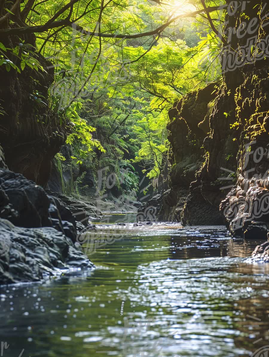 Serene River Canyon with Lush Greenery and Sunlight