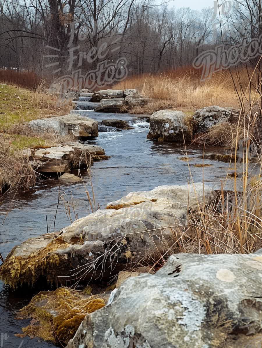 Tranquil Stream Flowing Through Rocky Landscape in Early Spring