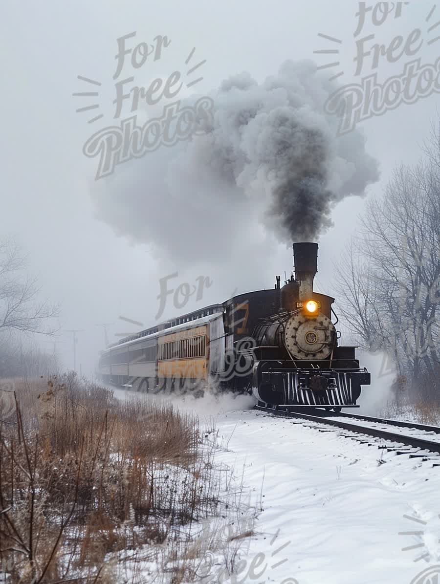 Vintage Steam Train in Winter Landscape with Snow and Fog