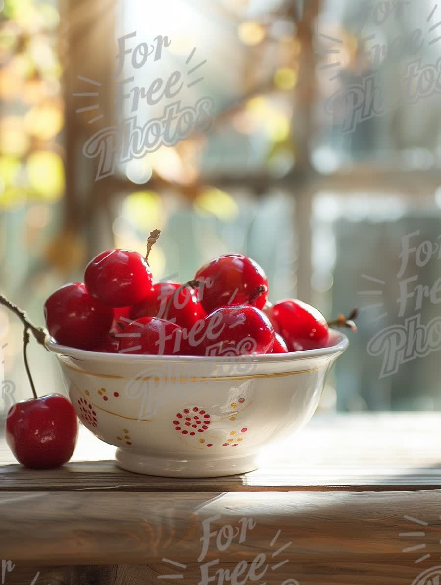 Fresh Red Cherries in Rustic Bowl with Sunlight Glow