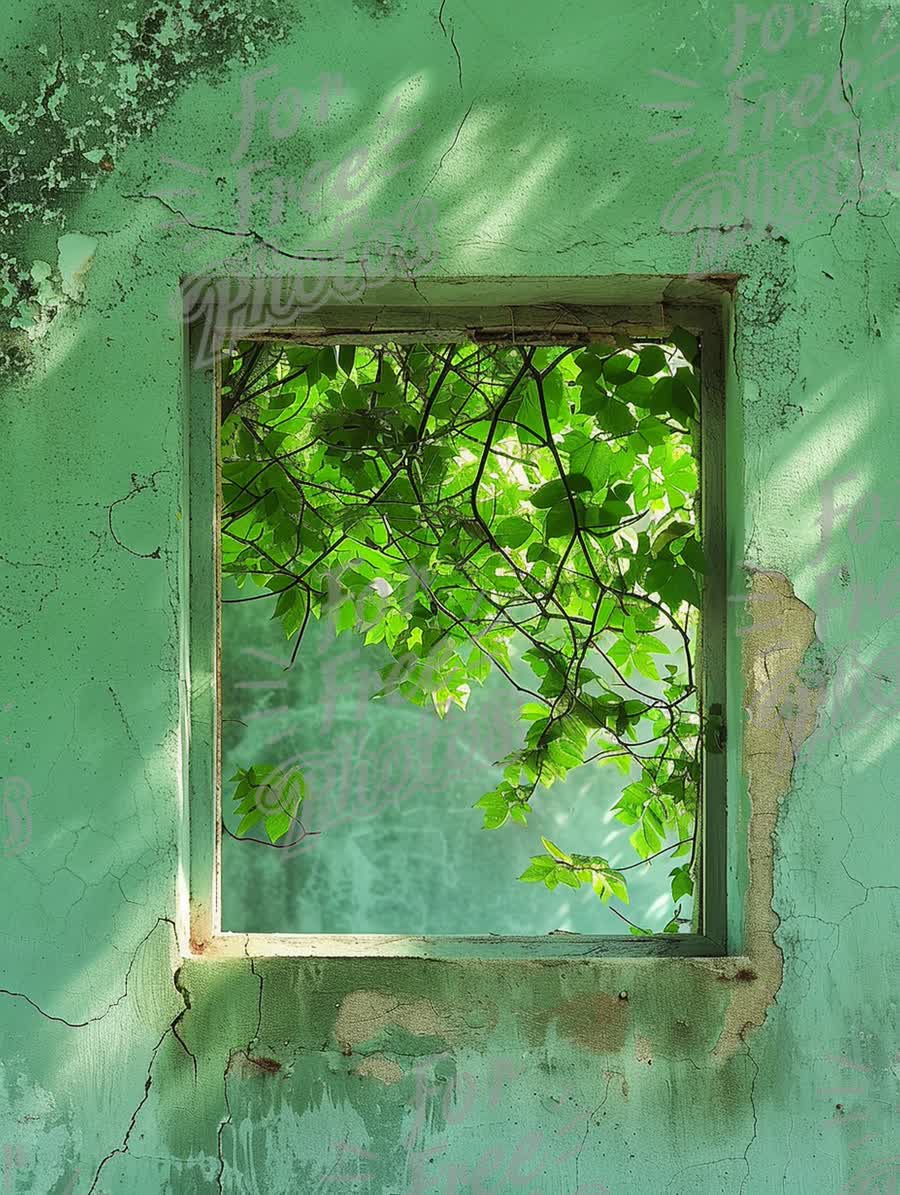 Nature's Embrace: Green Leaves Framing a Window in an Abandoned Space