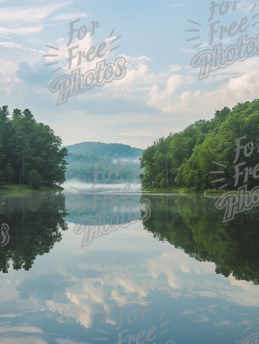 Tranquil Lake Reflection in Lush Green Forest Under Blue Sky