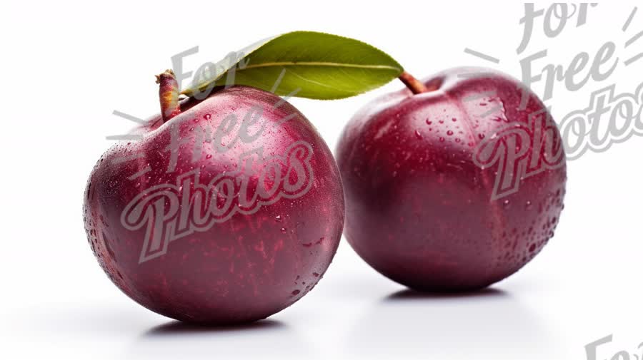 Fresh Red Plums with Water Droplets on White Background