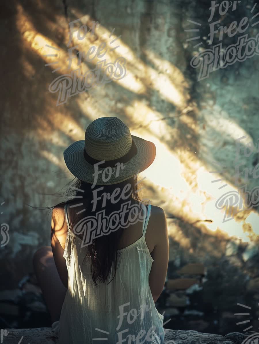 Serene Woman in Straw Hat Enjoying Nature's Light and Shadows