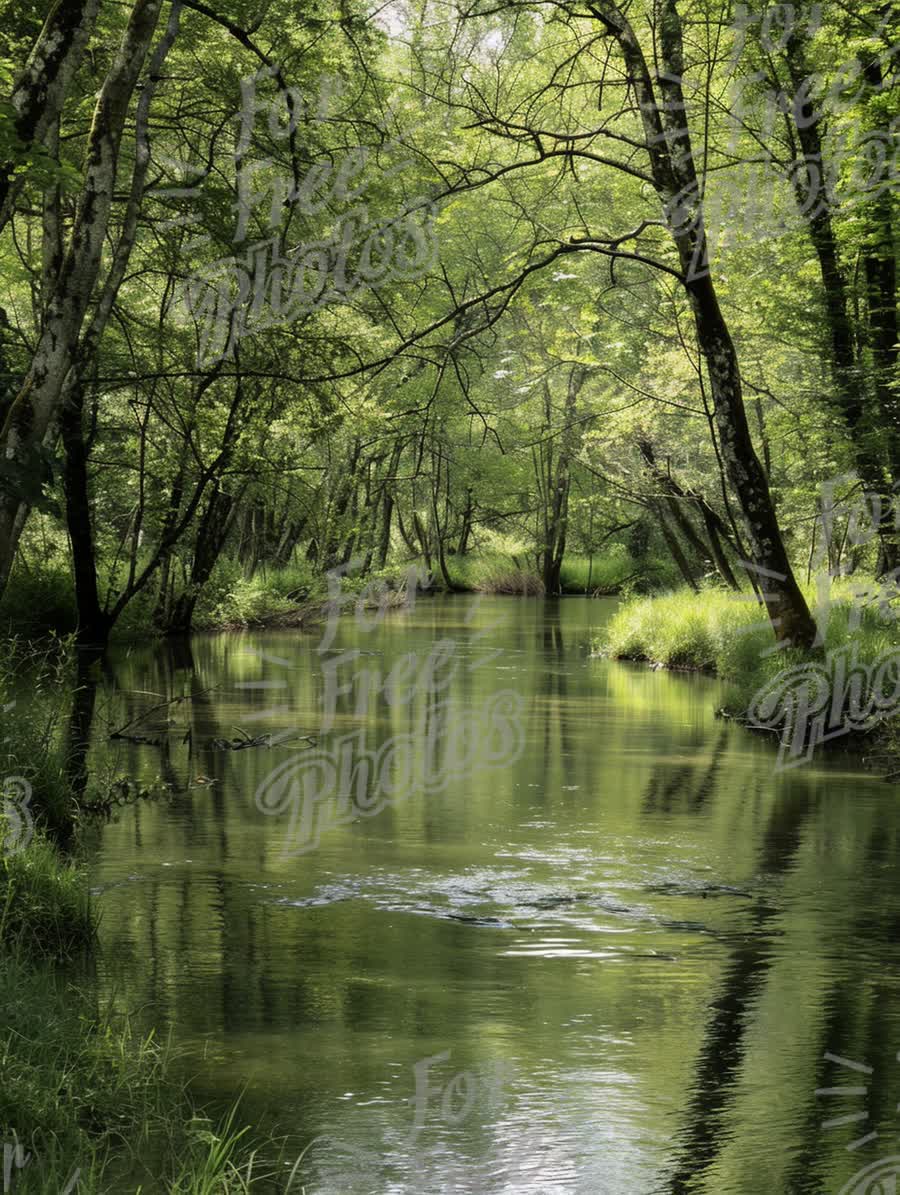 Tranquil Forest Stream: Serene Nature Landscape with Lush Greenery