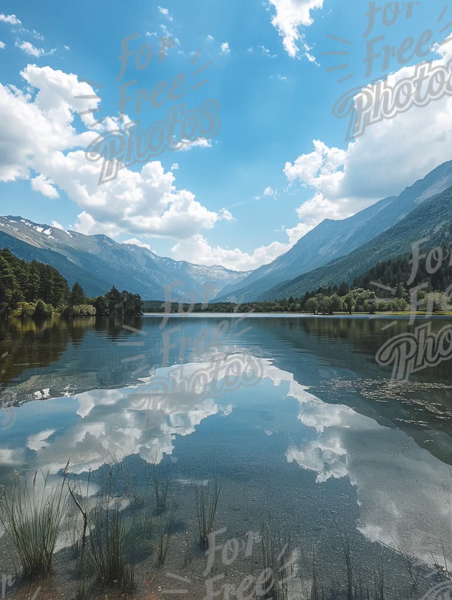 Tranquil Mountain Lake with Reflections and Lush Greenery Under Blue Sky