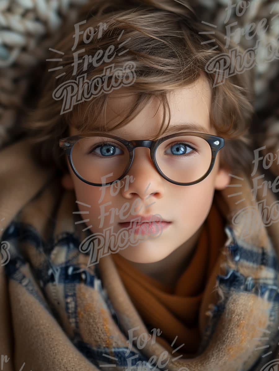 Charming Young Boy with Glasses and Cozy Blanket - Portrait of Innocence and Curiosity