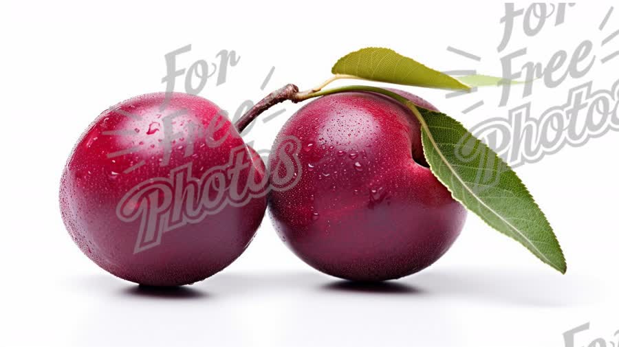 Fresh Juicy Plums with Water Droplets and Green Leaves on White Background