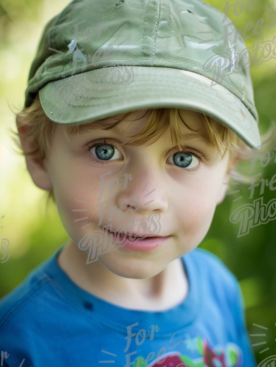 Charming Young Boy with Bright Blue Eyes and Casual Cap in Nature