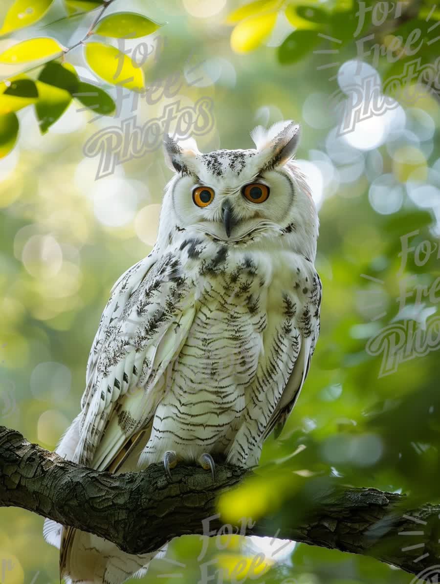 Majestic White Owl Perched on Tree Branch with Bokeh Background