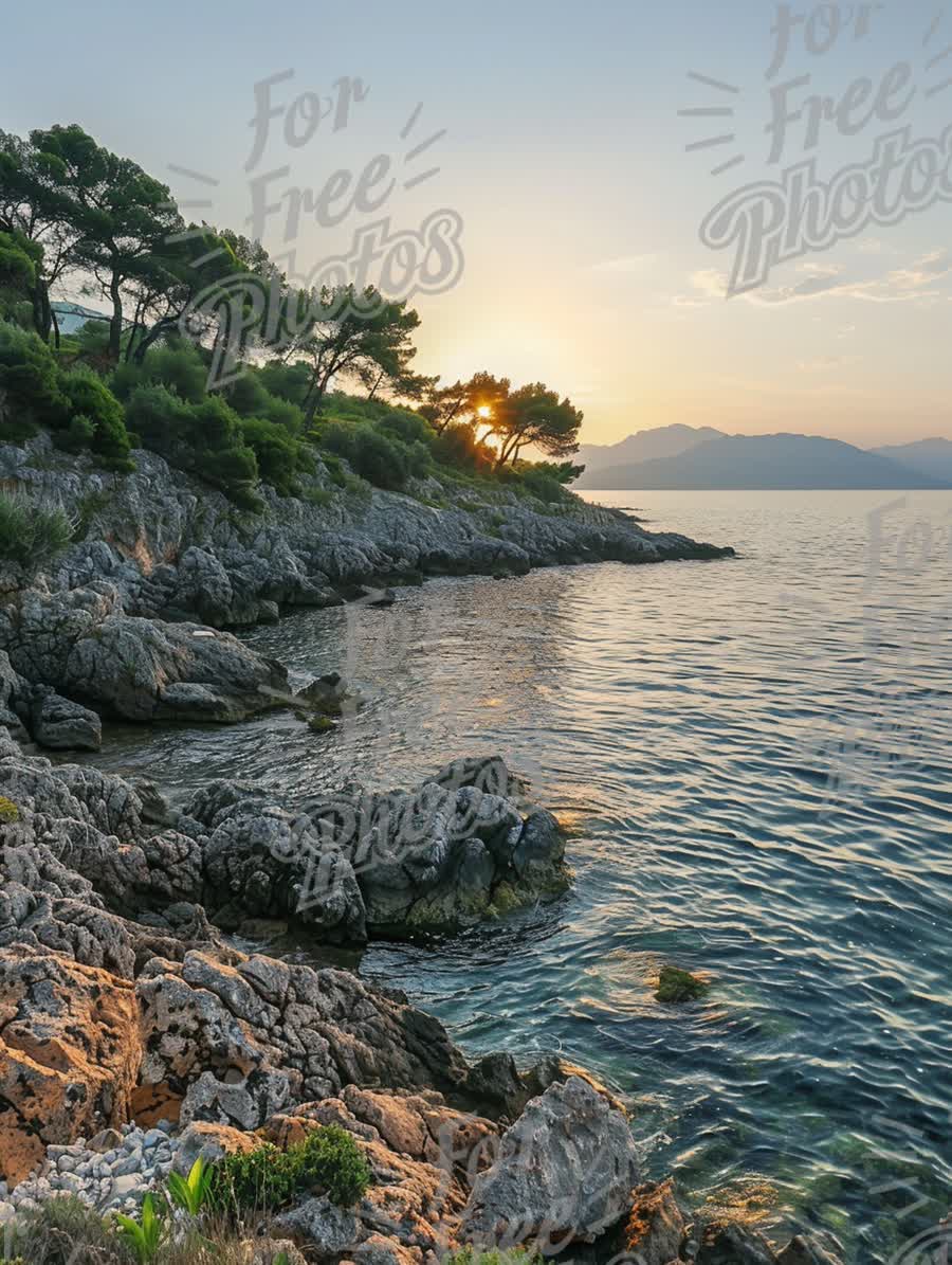 Tranquil Sunset Over Serene Coastal Landscape with Rocky Shoreline