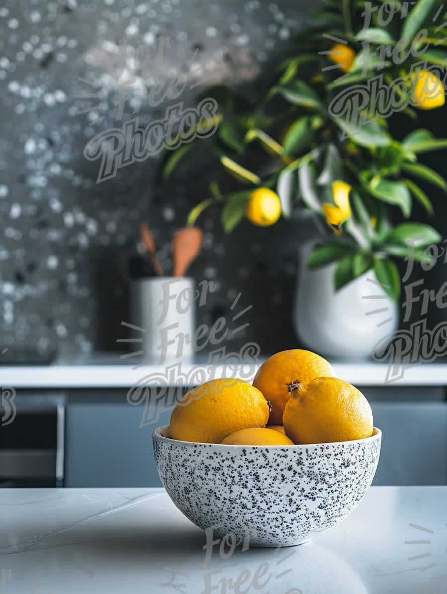 Fresh Lemons in Stylish Bowl with Modern Kitchen Background