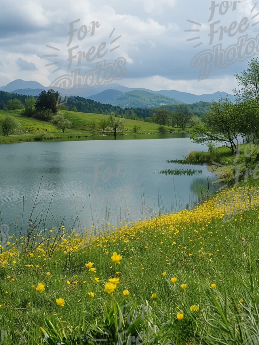 Tranquil Lake Landscape with Wildflowers and Mountains Under Cloudy Sky