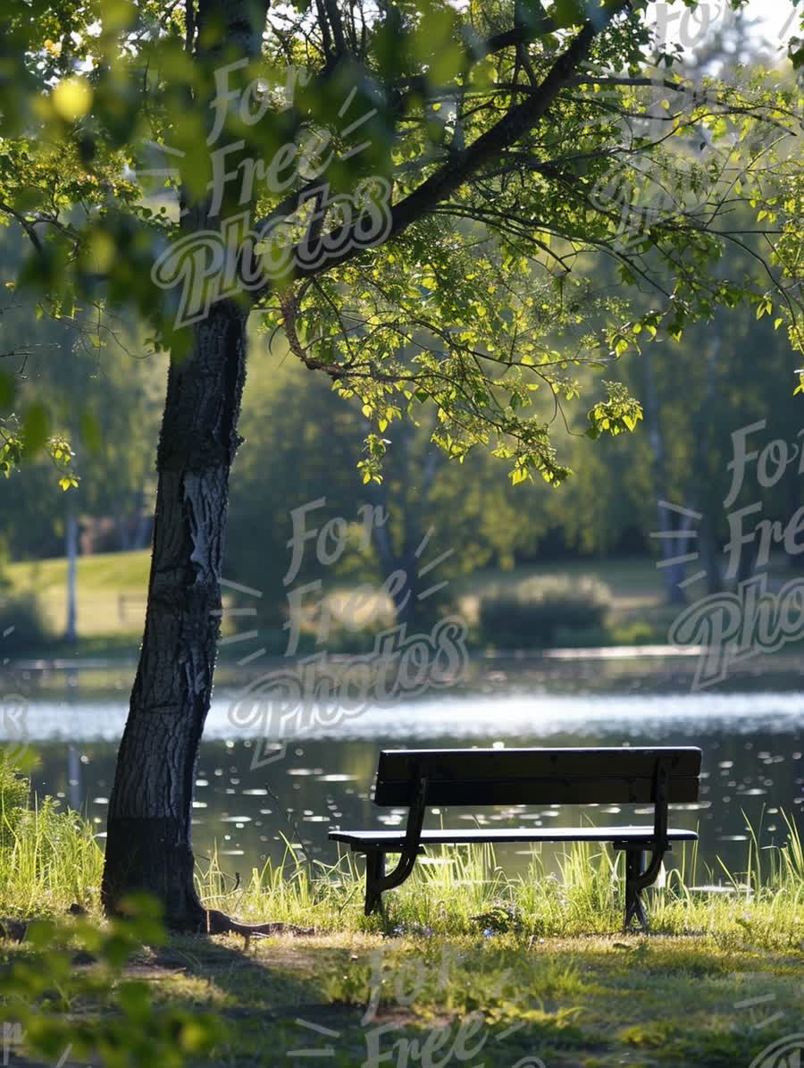 Tranquil Lakeside Park Bench Surrounded by Nature