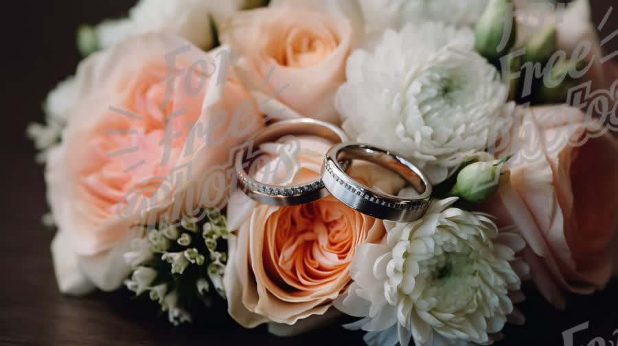 Elegant Wedding Rings on Floral Bouquet: Romantic Engagement and Marriage Concept