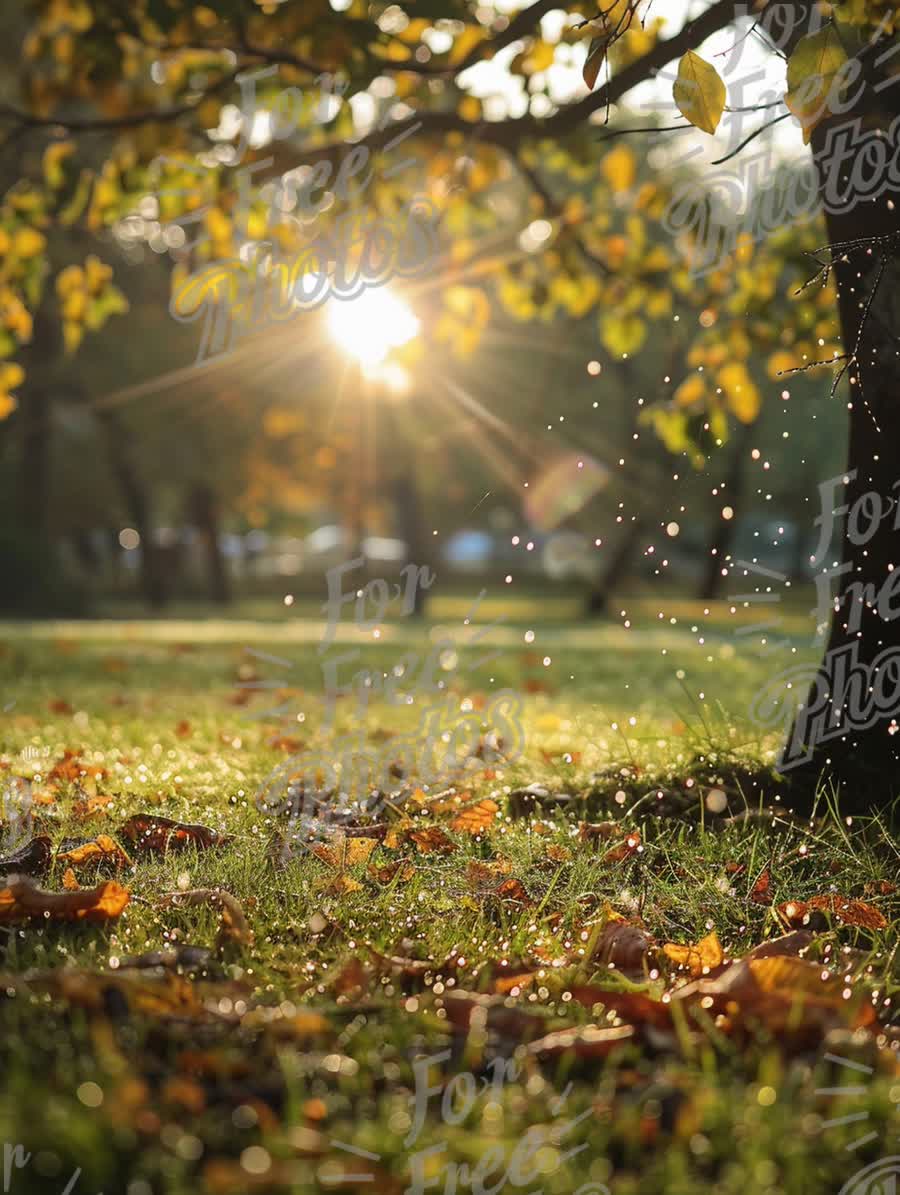 Autumn Serenity: Sunlight Filtering Through Colorful Leaves in a Tranquil Park