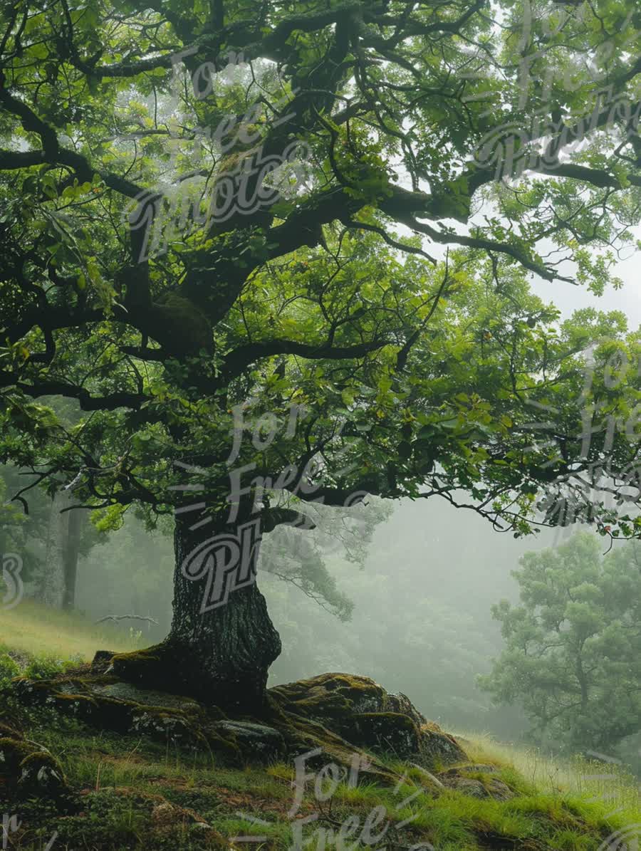 Majestic Oak Tree in Misty Forest Landscape