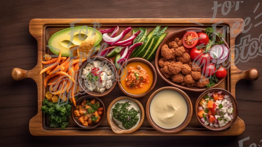 Colorful Gourmet Platter with Fresh Vegetables, Dips, and Snacks for Healthy Eating