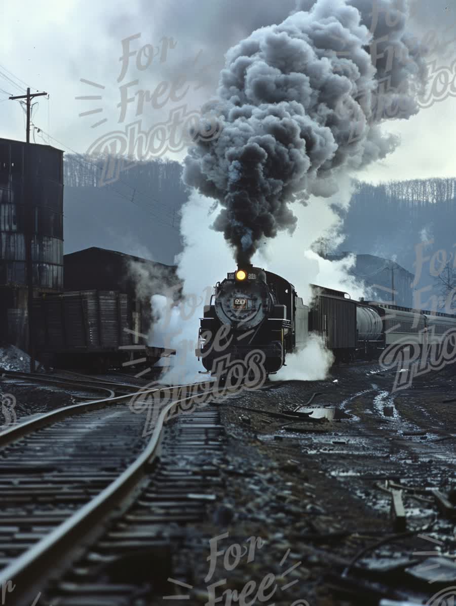 Vintage Steam Train Journey Through Industrial Landscape