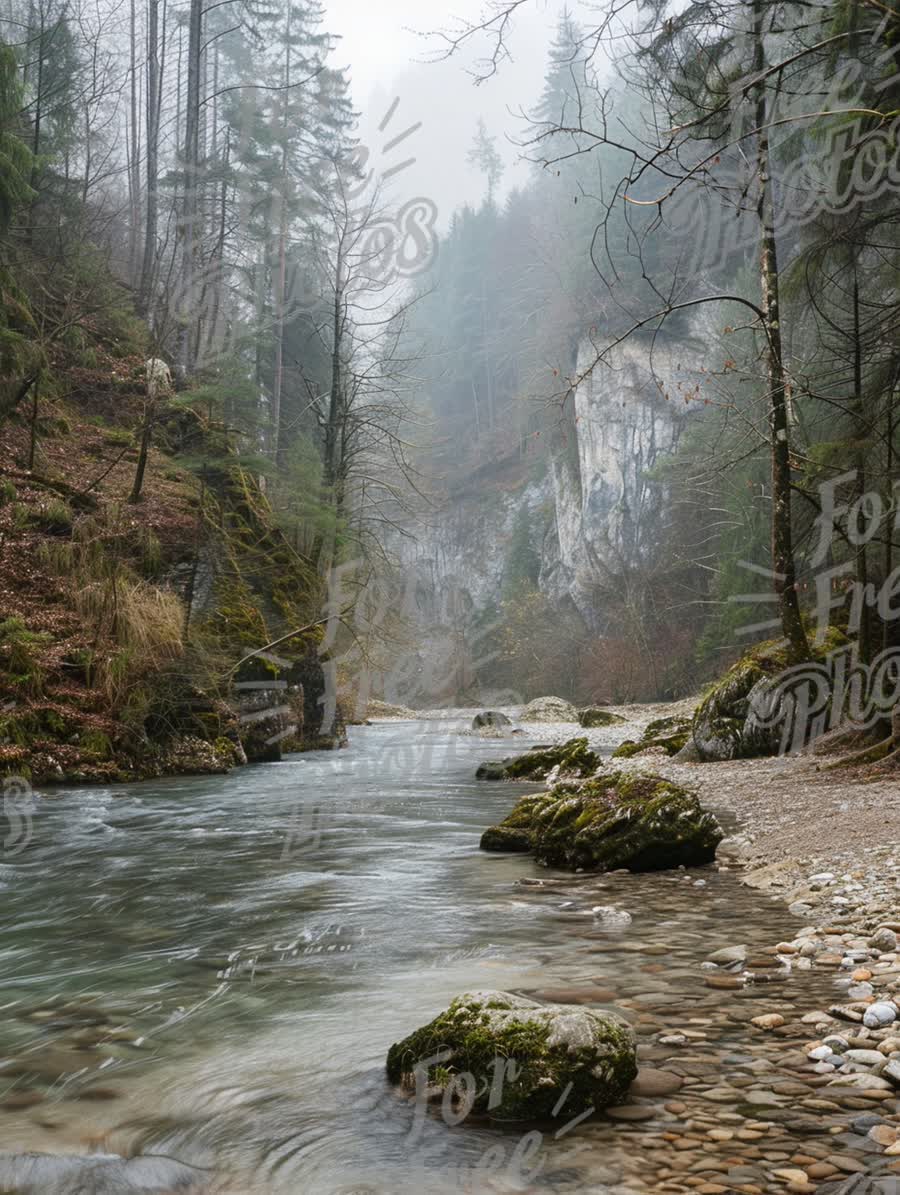 Serene Misty River in Enchanted Forest Landscape