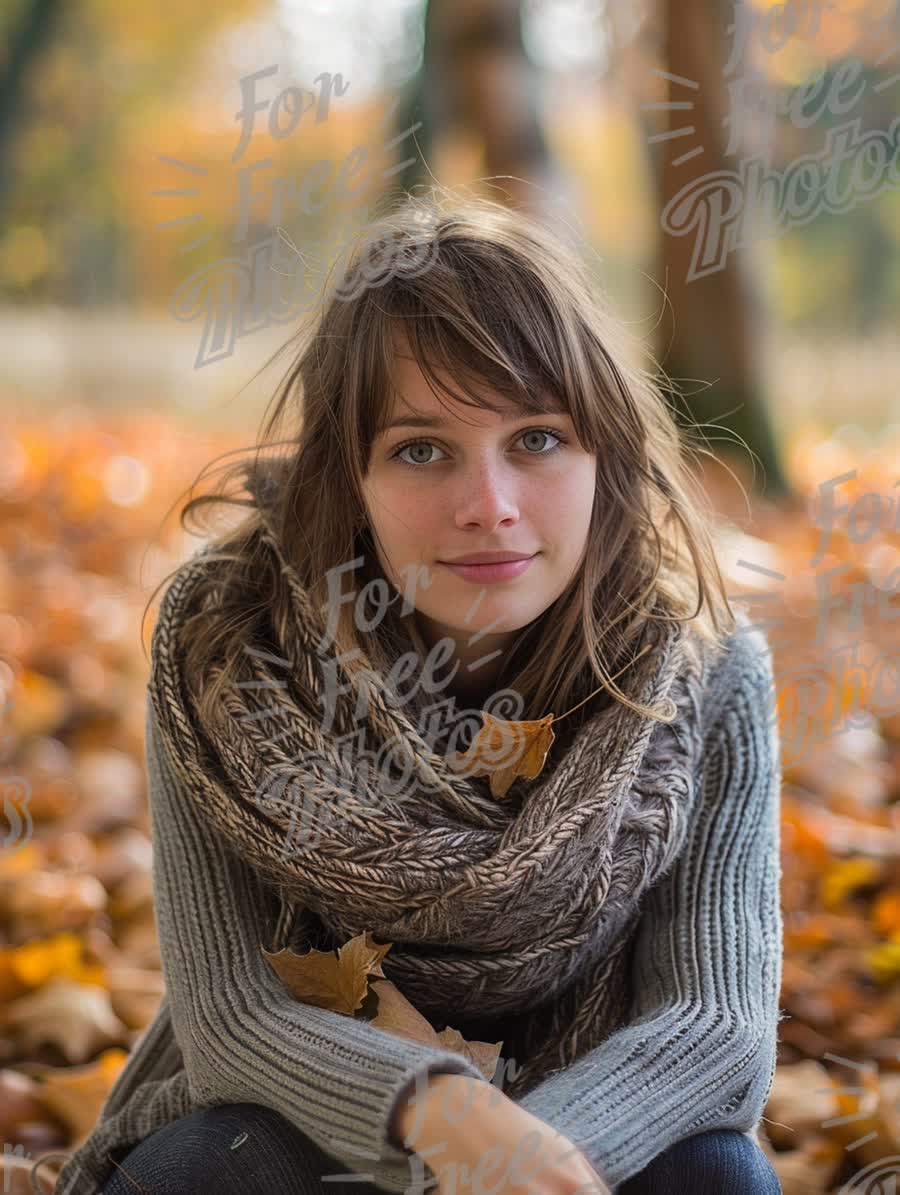 Cozy Autumn Portrait of a Young Woman Surrounded by Fall Leaves