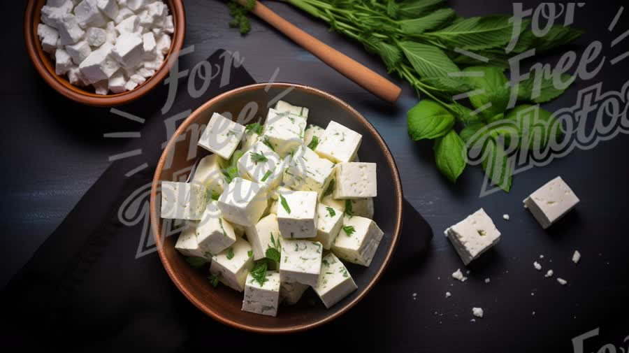 Fresh Feta Cheese with Herbs and Mint on Rustic Table