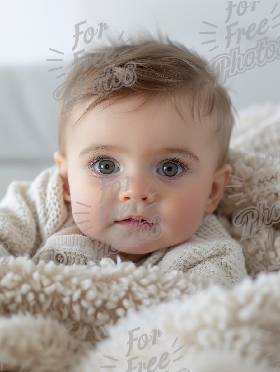 Adorable Baby with Big Blue Eyes Wrapped in Cozy Blanket