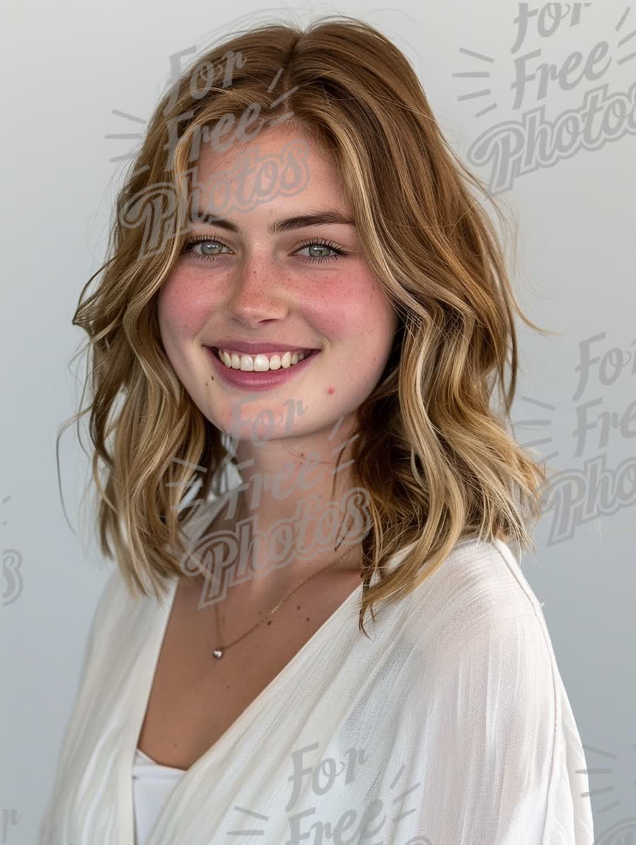 Natural Beauty Portrait of Young Woman with Wavy Hair and Radiant Smile