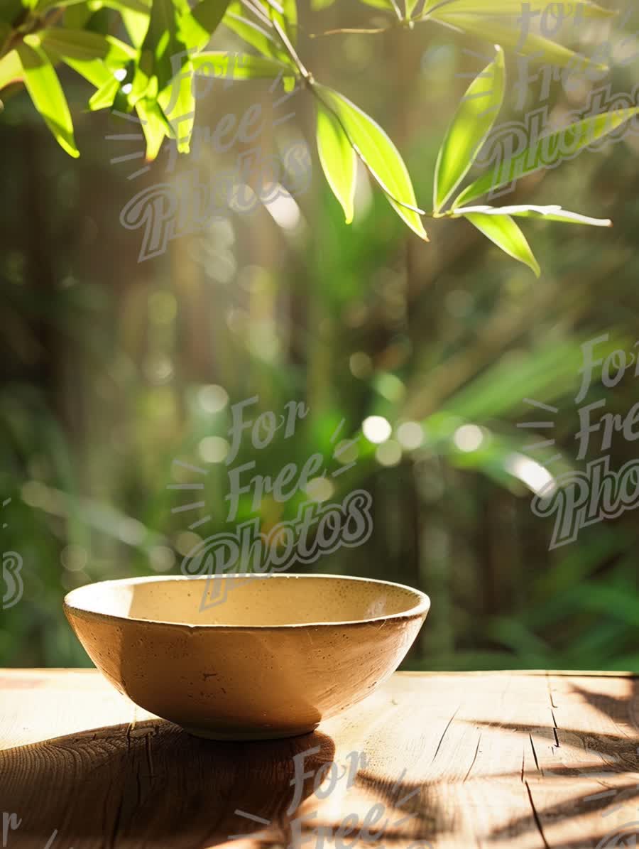 Natural Serenity: Rustic Bowl Surrounded by Lush Greenery and Soft Light