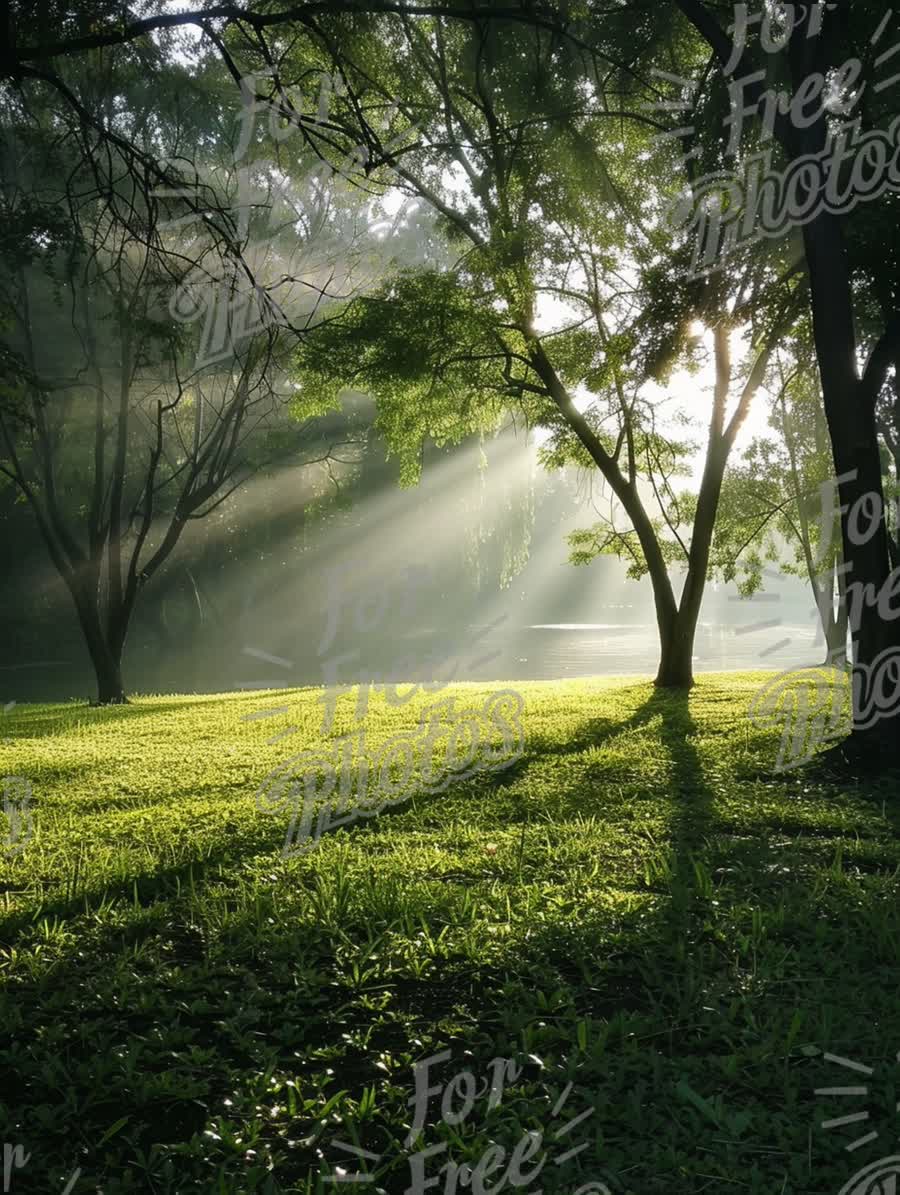 Serene Morning Light Through Trees in Lush Green Park