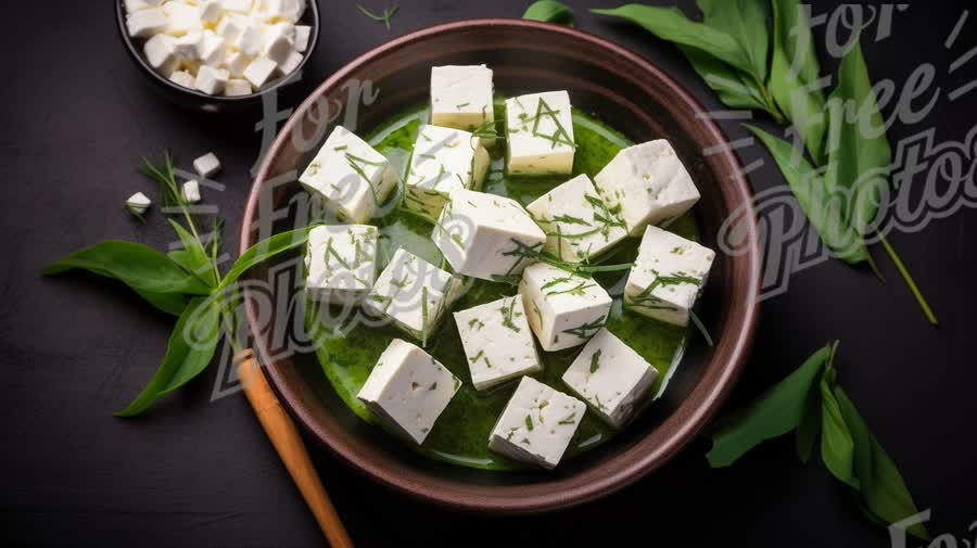 Fresh Herb-Infused Feta Cheese in Olive Oil with Green Garnish