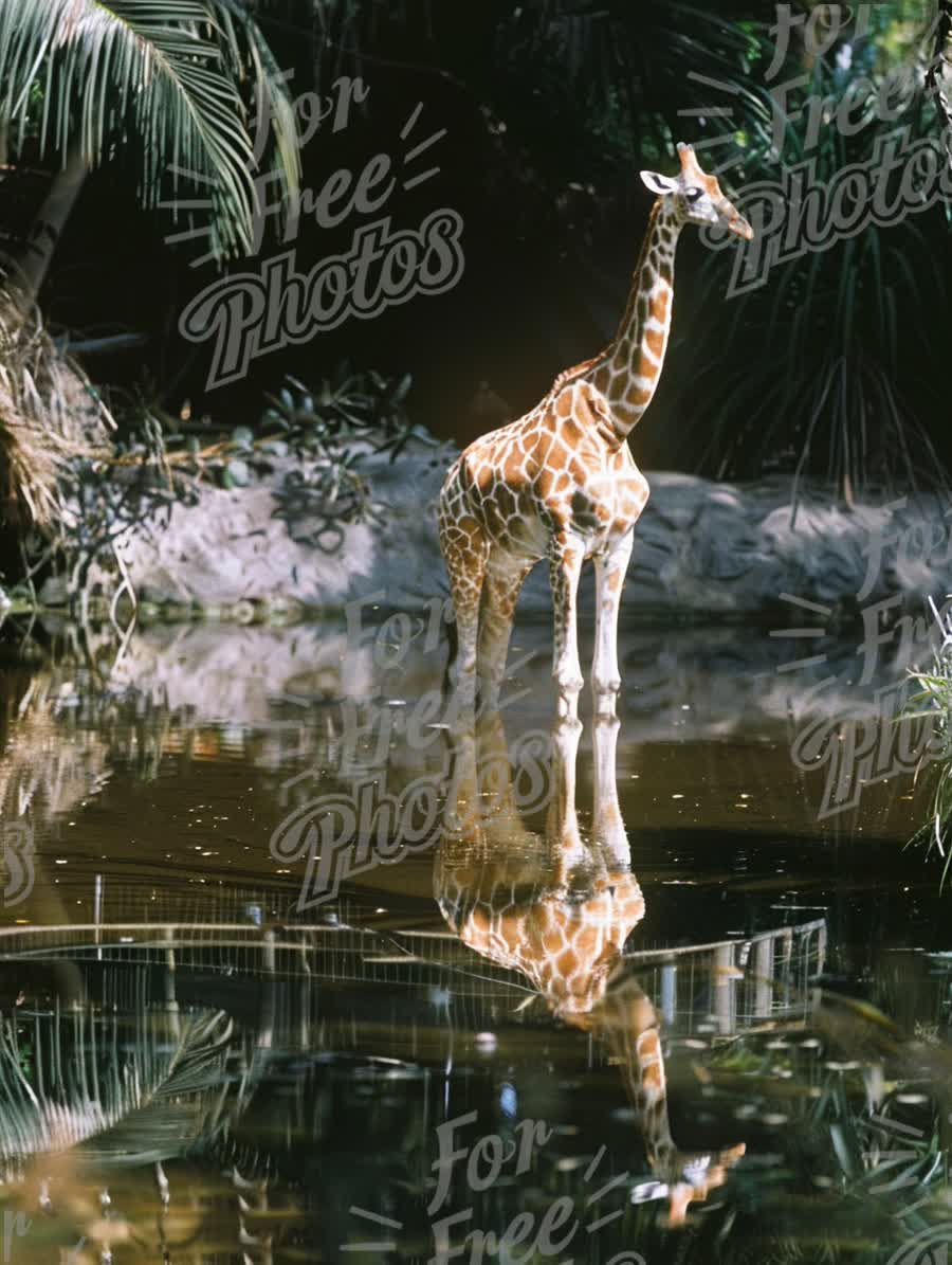 Majestic Giraffe Reflecting in Tranquil Water Surrounded by Lush Greenery