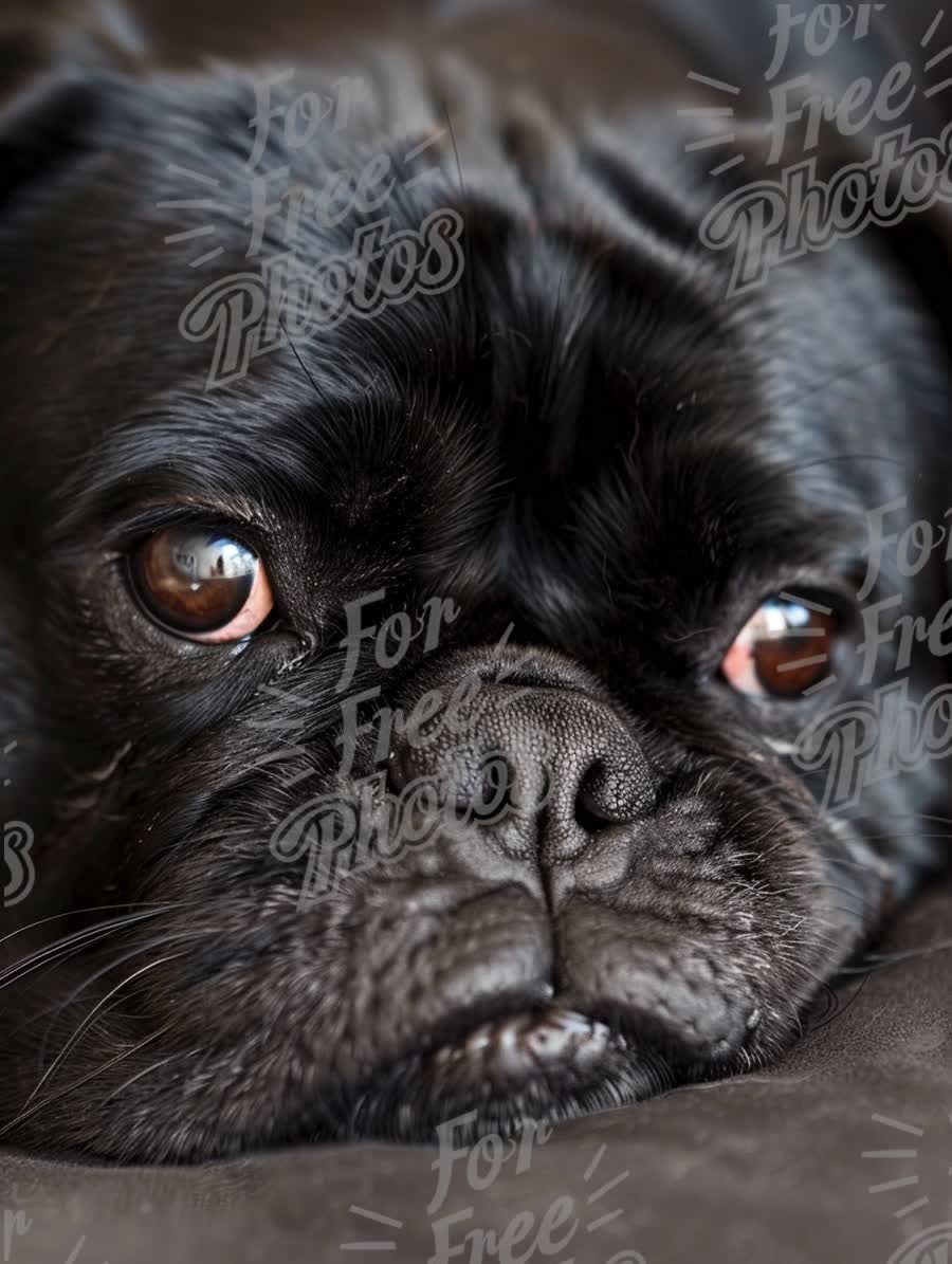 Close-Up of a Relaxed Black Pug Dog with Expressive Eyes