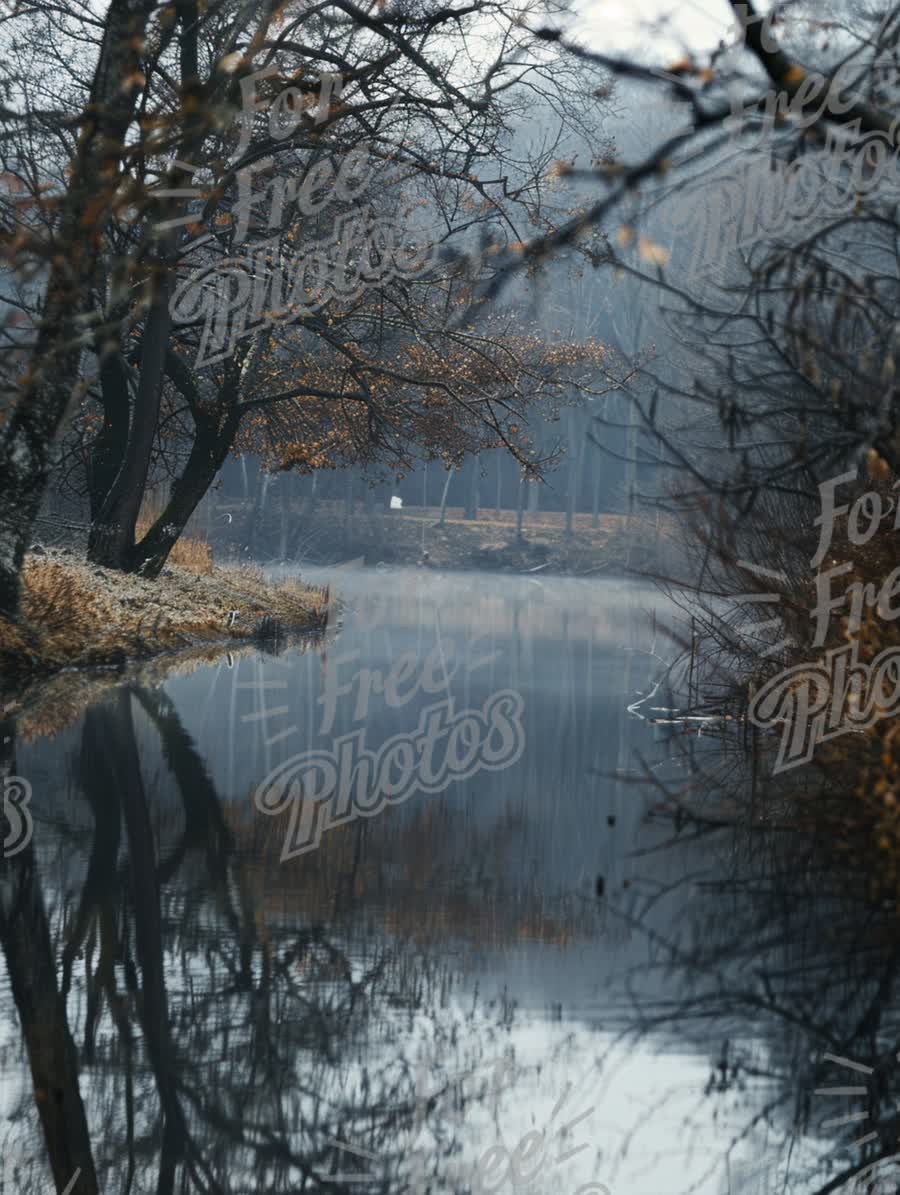 Tranquil Misty River Landscape with Reflections in Autumn